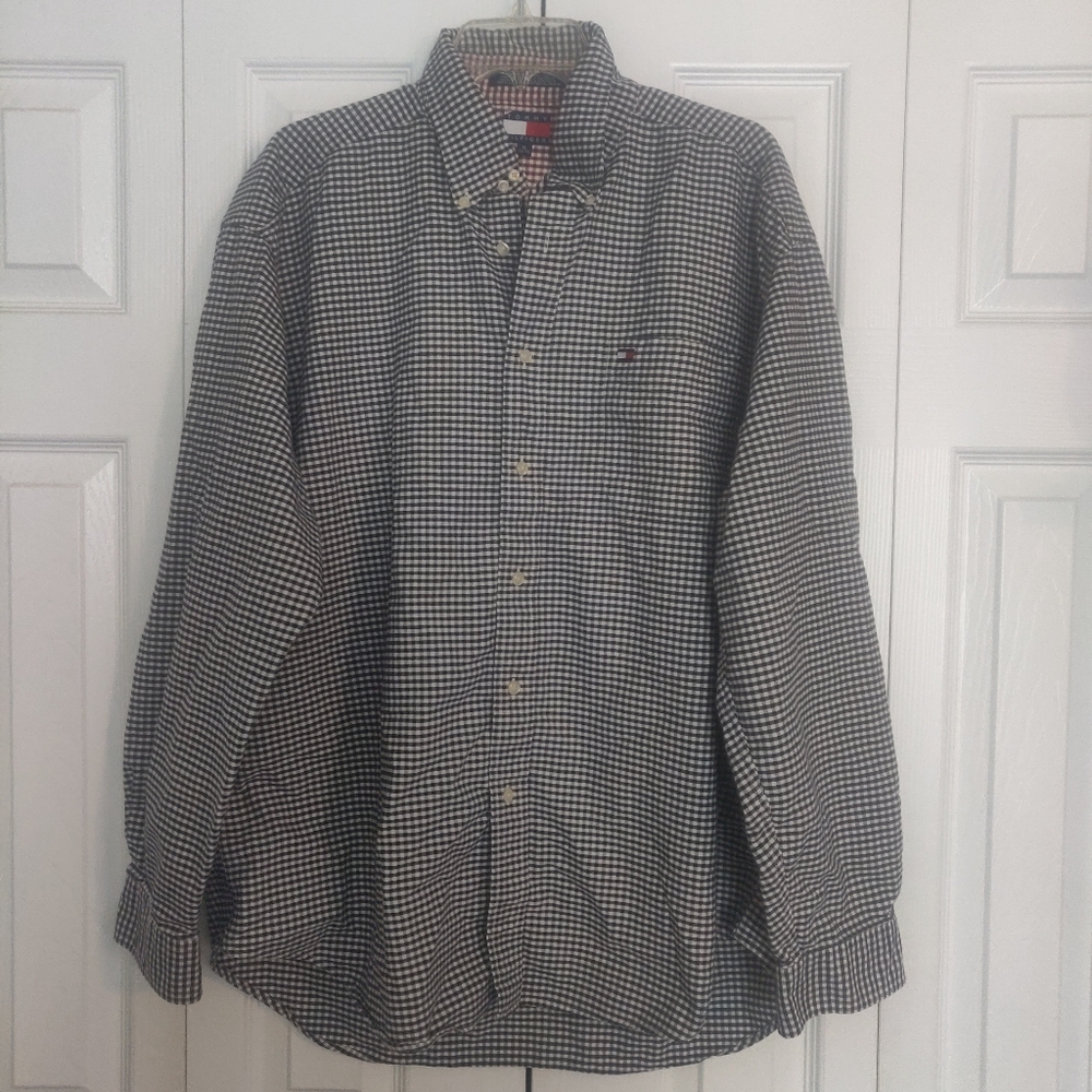 Men's Tommy Hilfiger Long Sleeve Button Down Shirt Blue Checker Size XL EUC